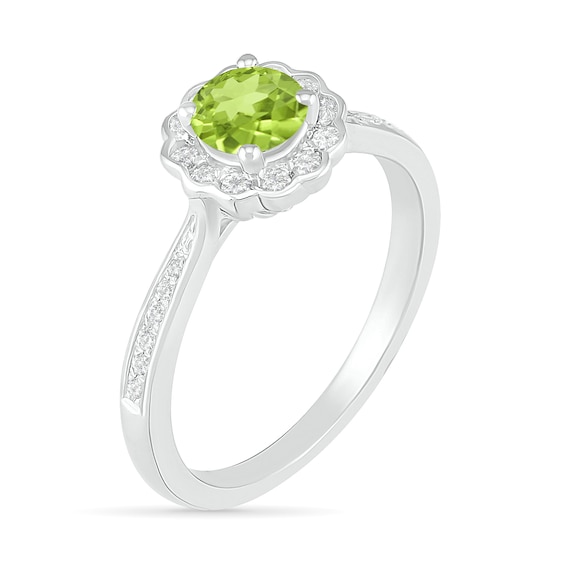 5.2mm Peridot and White Lab-Created Sapphire Frame Tapered Shank Flower Ring in Sterling Silver