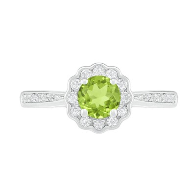 5.2mm Peridot and White Lab-Created Sapphire Frame Tapered Shank Flower Ring in Sterling Silver