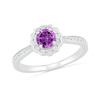 5.2mm Amethyst and White Lab-Created Sapphire Frame Tapered Shank Flower Ring in Sterling Silver