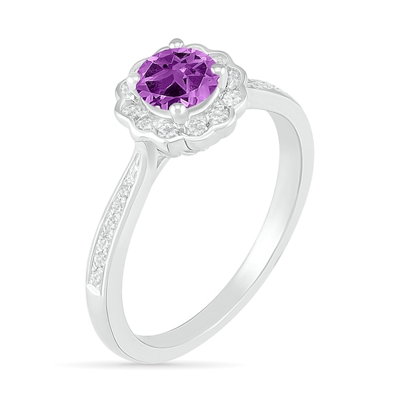 5.2mm Amethyst and White Lab-Created Sapphire Frame Tapered Shank Flower Ring in Sterling Silver