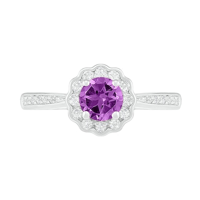 5.2mm Amethyst and White Lab-Created Sapphire Frame Tapered Shank Flower Ring in Sterling Silver