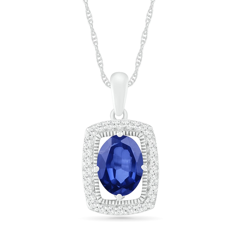 Oval Blue and White Lab-Created Sapphire Open Cushion Frame Vintage-Style Pendant in Sterling Silver