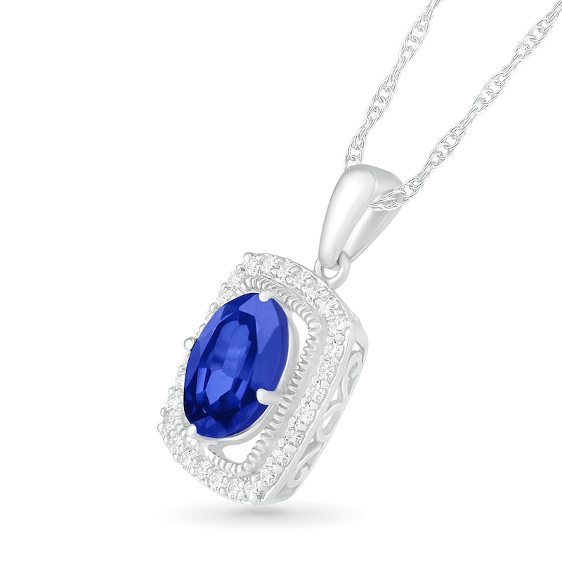 Oval Blue and White Lab-Created Sapphire Open Cushion Frame Vintage-Style Pendant in Sterling Silver