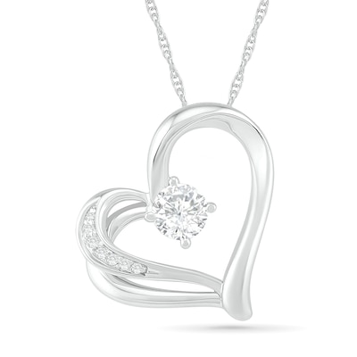 5.0mm White Lab-Created Sapphire and 0.04 CT. T.W. Diamond Double Side Tilted Heart Pendant in Sterling Silver