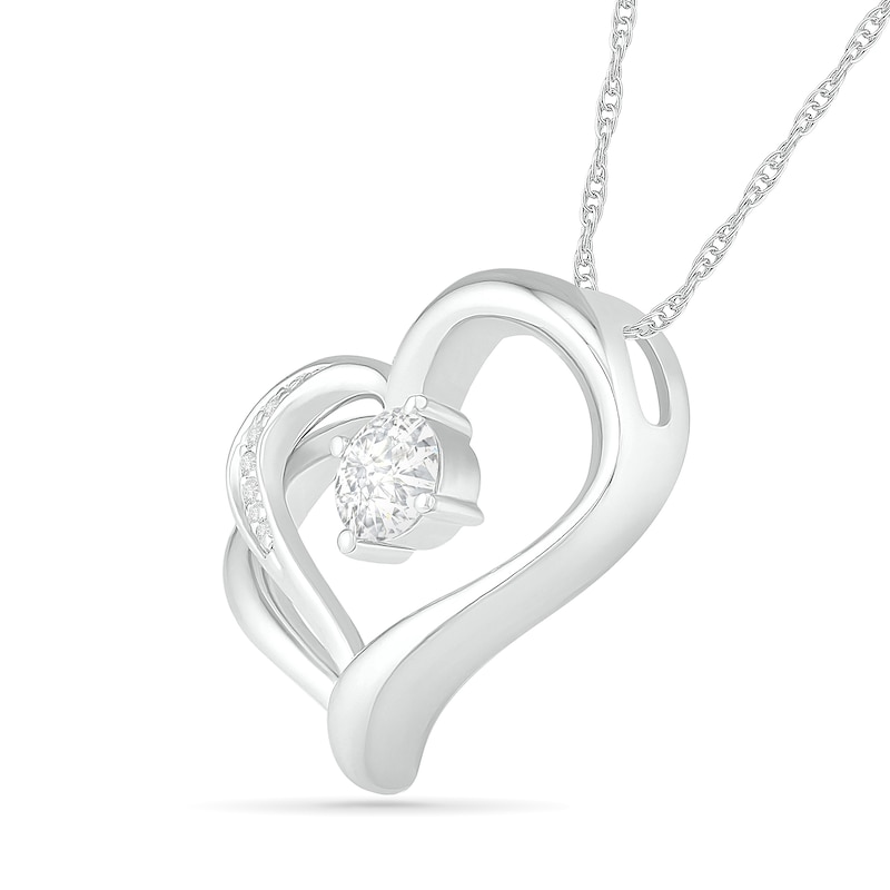 5.0mm White Lab-Created Sapphire and 0.04 CT. T.W. Diamond Double Side Tilted Heart Pendant in Sterling Silver|Peoples Jewellers