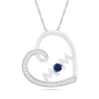 3.0mm Blue and White Lab-Created Sapphire "MOM" Tilted Loop Heart Pendant in Sterling Silver