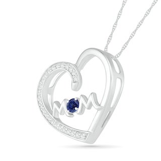 3.0mm Blue and White Lab-Created Sapphire "MOM" Tilted Loop Heart Pendant in Sterling Silver