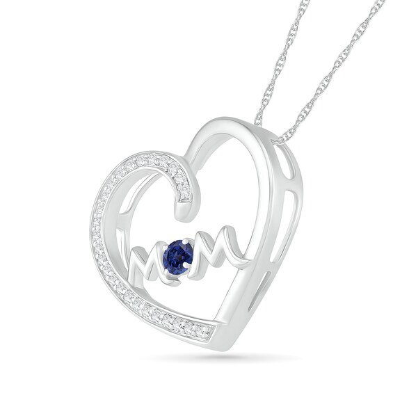 3.0mm Blue and White Lab-Created Sapphire "MOM" Tilted Loop Heart Pendant in Sterling Silver