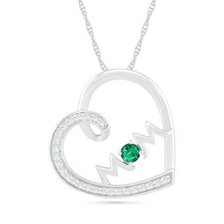 3.0mm Lab-Created Emerald and White Sapphire "MOM" Tilted Loop Heart Pendant in Sterling Silver