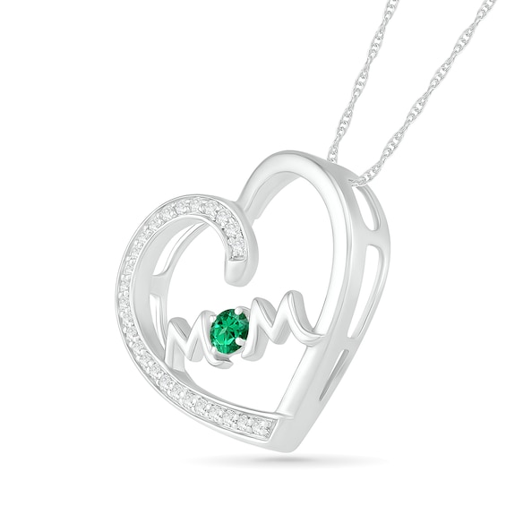 3.0mm Lab-Created Emerald and White Sapphire "MOM" Tilted Loop Heart Pendant in Sterling Silver