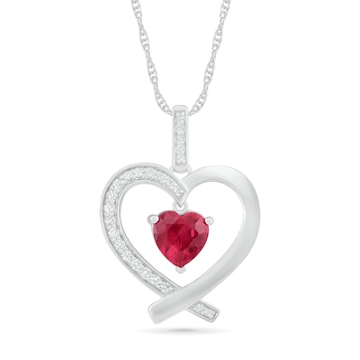 7.0mm Lab-Created Ruby and White Sapphire Ribbon Heart Pendant in Sterling Silver