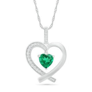 7.0mm Lab-Created Emerald and White Sapphire Ribbon Heart Pendant in Sterling Silver