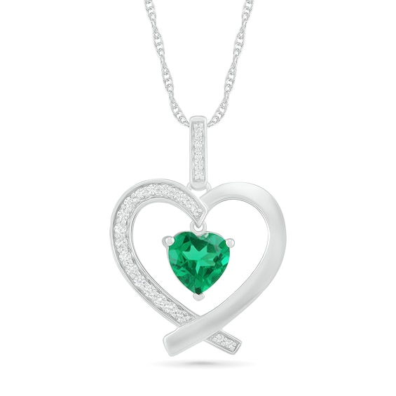 7.0mm Lab-Created Emerald and White Sapphire Ribbon Heart Pendant in Sterling Silver