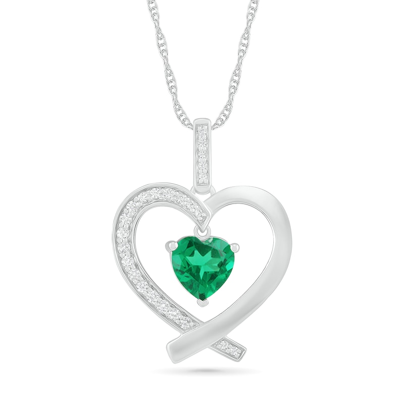 7.0mm Lab-Created Emerald and White Sapphire Ribbon Heart Pendant in Sterling Silver|Peoples Jewellers