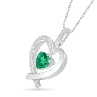 7.0mm Lab-Created Emerald and White Sapphire Ribbon Heart Pendant in Sterling Silver