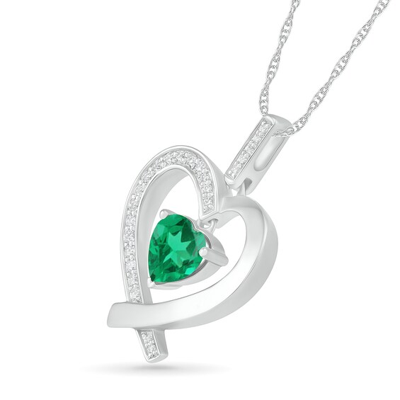 7.0mm Lab-Created Emerald and White Sapphire Ribbon Heart Pendant in Sterling Silver