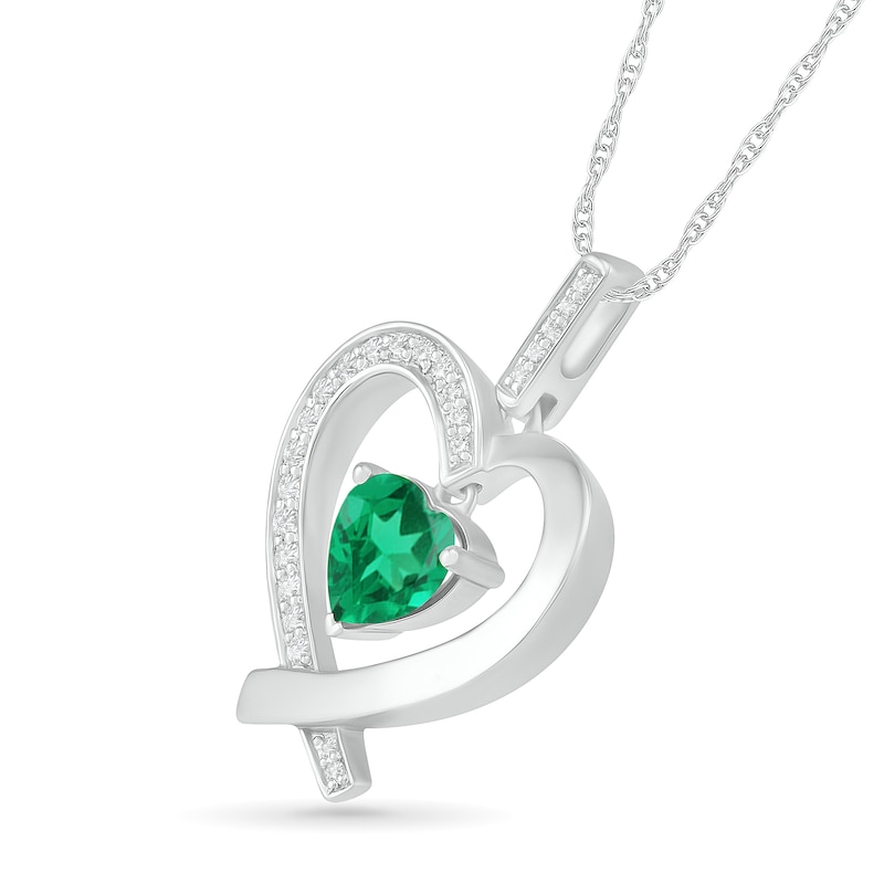 7.0mm Lab-Created Emerald and White Sapphire Ribbon Heart Pendant in Sterling Silver|Peoples Jewellers