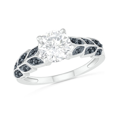 7.0mm White and Black Lab-Created Sapphire Laurel Leaf-Sides Ring in Sterling Silver