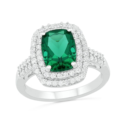 Cushion-Cut Lab-Created Emerald and White Sapphire Double Frame Two Row Ring in Sterling Silver