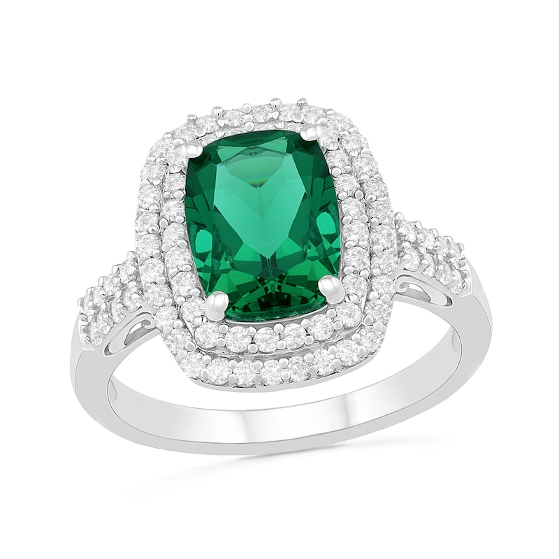 Cushion-Cut Lab-Created Emerald and White Sapphire Double Frame Two Row Ring in Sterling Silver|Peoples Jewellers