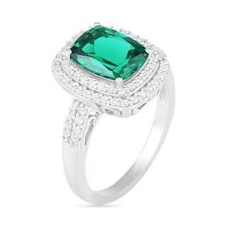 Cushion-Cut Lab-Created Emerald and White Sapphire Double Frame Two Row Ring in Sterling Silver