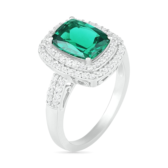 Cushion-Cut Lab-Created Emerald and White Sapphire Double Frame Two Row Ring in Sterling Silver