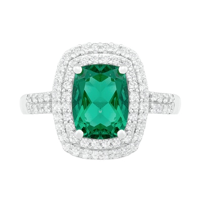 Cushion-Cut Lab-Created Emerald and White Sapphire Double Frame Two Row Ring in Sterling Silver