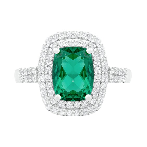 Cushion-Cut Lab-Created Emerald and White Sapphire Double Frame Two Row Ring in Sterling Silver