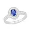 Oval Blue Lab-Created Sapphire and 0.04 CT. T.W. Diamond Frame Vintage-Style Ring in Sterling Silver