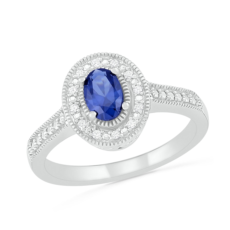 Oval Blue Lab-Created Sapphire and 0.04 CT. T.W. Diamond Frame Vintage-Style Ring in Sterling Silver|Peoples Jewellers