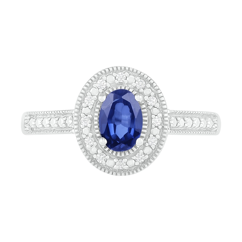 Oval Blue Lab-Created Sapphire and 0.04 CT. T.W. Diamond Frame Vintage-Style Ring in Sterling Silver