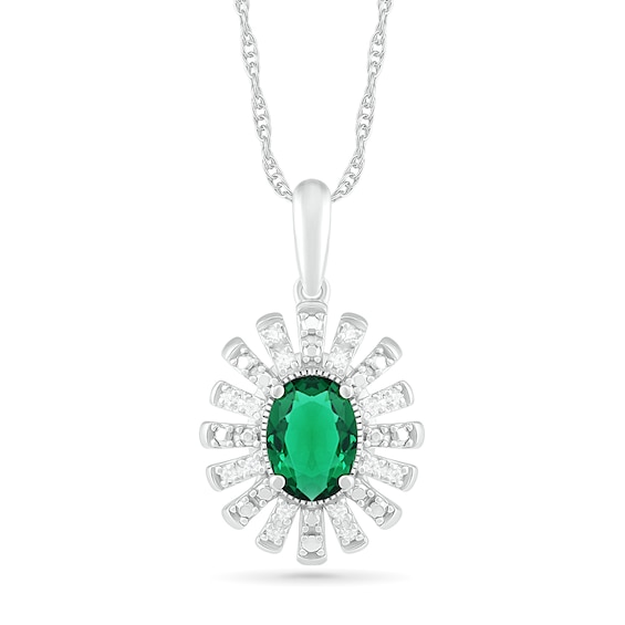 Oval Lab-Created Emerald and 0.066 CT. T.W. Diamond Starburst Frame Pendant in Sterling Silver