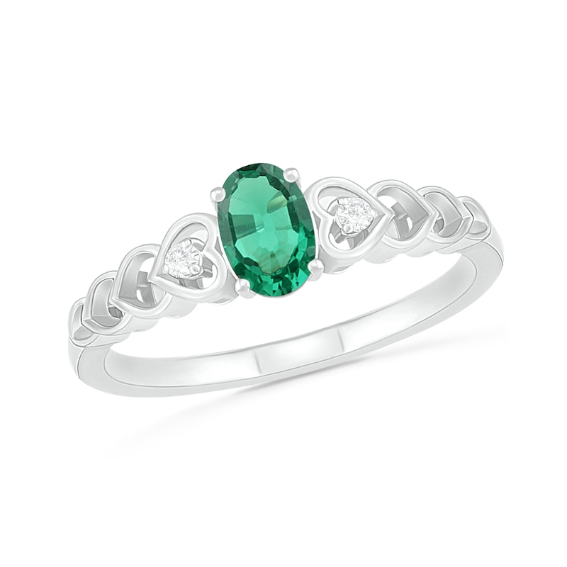 Oval Lab-Created Emerald and Diamond Accent Heart-Sides Trio Ring in Sterling Silver|Peoples Jewellers