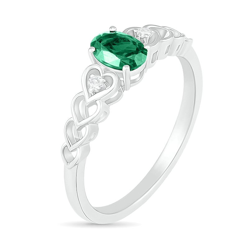 Oval Lab-Created Emerald and Diamond Accent Heart-Sides Trio Ring in Sterling Silver