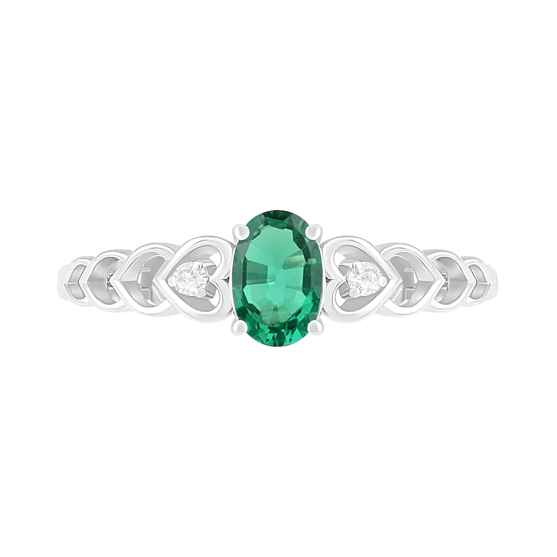 Oval Lab-Created Emerald and Diamond Accent Heart-Sides Trio Ring in Sterling Silver