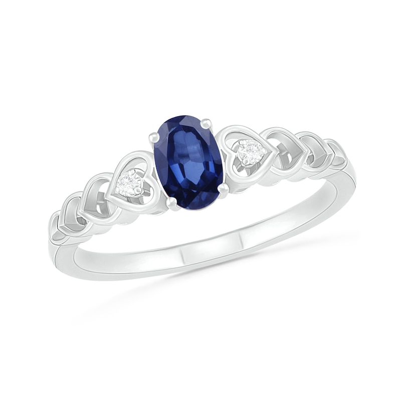 Oval Lab-Created Sapphire and Diamond Accent Heart-Sides Trio Ring in Sterling Silver|Peoples Jewellers
