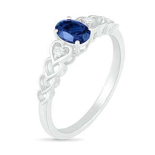 Oval Lab-Created Sapphire and Diamond Accent Heart-Sides Trio Ring in Sterling Silver