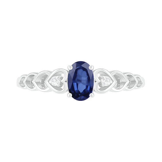 Oval Lab-Created Sapphire and Diamond Accent Heart-Sides Trio Ring in Sterling Silver