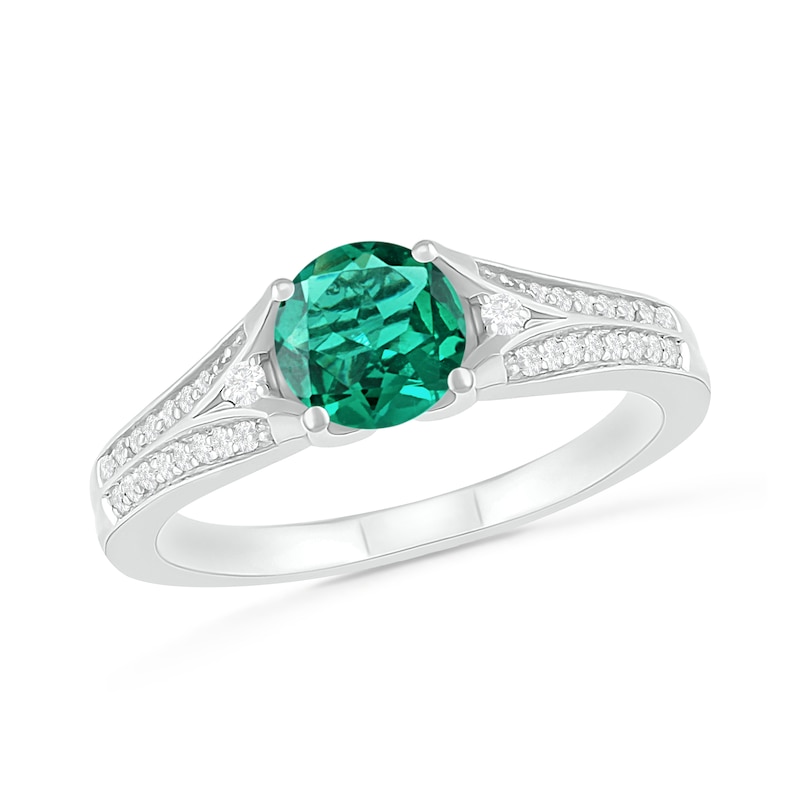 6.0mm Lab-Created Emerald and White Sapphire Split Shank Ring in Sterling Silver|Peoples Jewellers