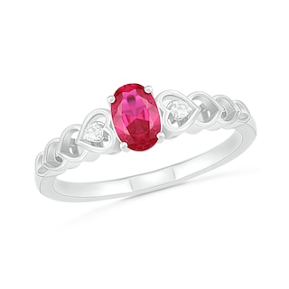 Oval Lab-Created Ruby and Diamond Accent Heart-Sides Trio Ring in Sterling Silver