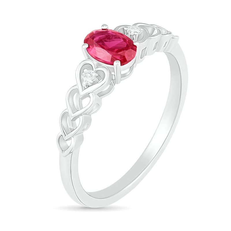 Oval Lab-Created Ruby and Diamond Accent Heart-Sides Trio Ring in Sterling Silver|Peoples Jewellers