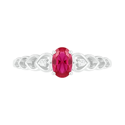 Oval Lab-Created Ruby and Diamond Accent Heart-Sides Trio Ring in Sterling Silver