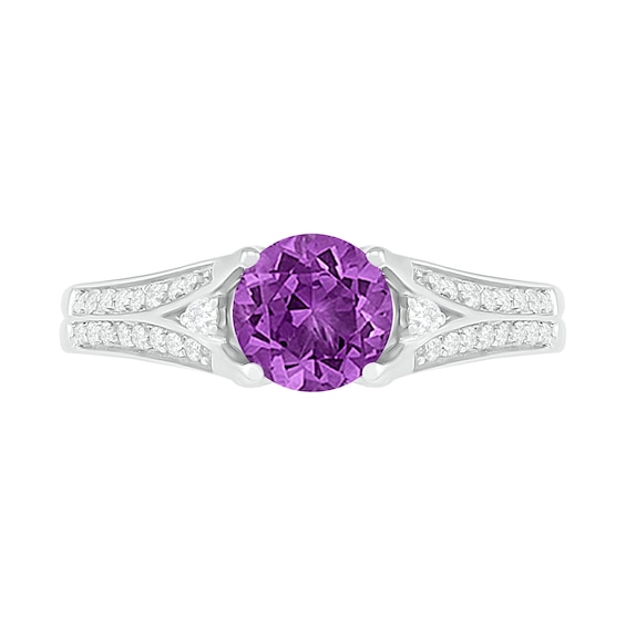 6.0mm Amethyst and Lab-Created White Sapphire Split Shank Ring in Sterling Silver