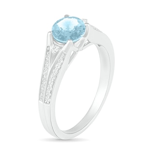 6.0mm Aquamarine and Lab-Created White Sapphire Split Shank Ring in Sterling Silver