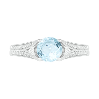 6.0mm Aquamarine and Lab-Created White Sapphire Split Shank Ring in Sterling Silver