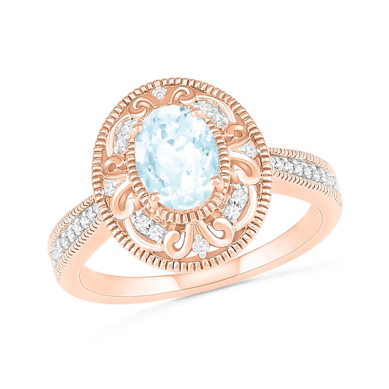 Oval Aquamarine and 0.115 CT. T.W. Diamond Scroll Frame Tapered Shank Vintage-Style Ring in 10K Rose Gold