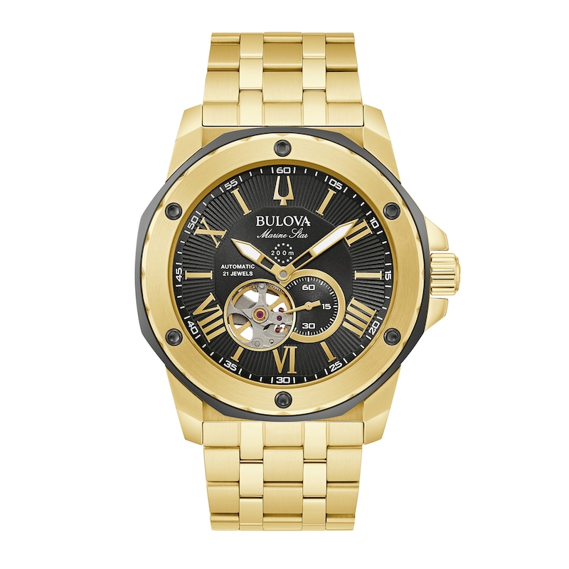 Men's Exclusive Bulova Marine Star Two-Tone Watch with Black Skeleton Dial (Model: 98A273)|Peoples Jewellers