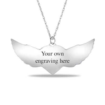 Engravable Photo Heart with Angel Wings Pendant in Sterling Silver (1 Image and 3 Lines)