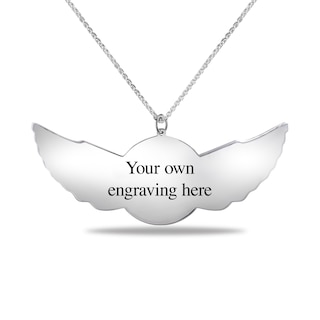 Men's Engravable Photo Disc with Angel Wings Pendant in Sterling Silver (1 Image and 4 Lines)