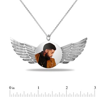 Men's Engravable Photo Disc with Angel Wings Pendant in Sterling Silver (1 Image and 4 Lines)